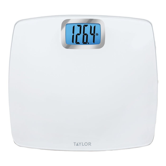 Front view of a white digital bathroom scale with a blue backlit display showing 126.4 lb