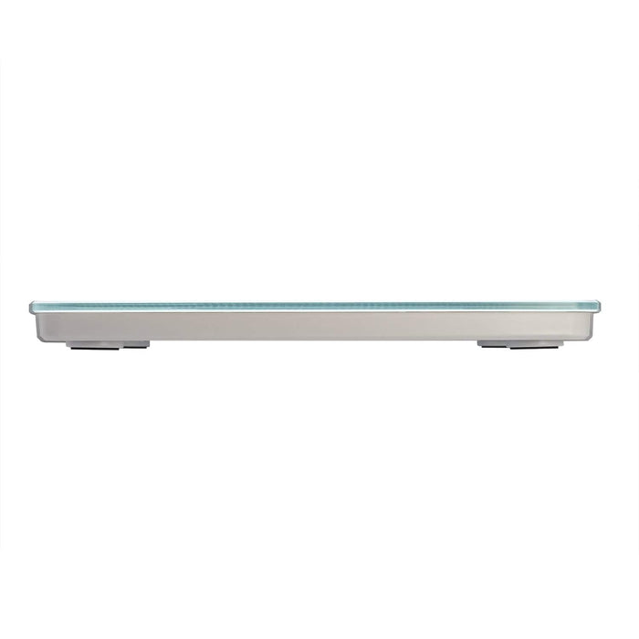 Side view of a white digital bathroom scale with a slim blue-edged top
