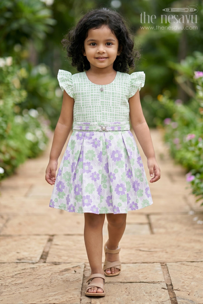 The Nesavu Girls Cotton Frock Purple and Green Floral Checked Cotton Frock with Pleated Skirt for Girls Nesavu 20 (3Y) / Purple GFC1405A-20 Purple and Green Floral Checked Cotton Frock with Pleated Skirt for Girls Nesavu