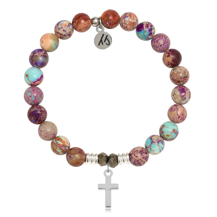 Purple Jasper Stone Bracelet with Cross Sterling Silver Charm