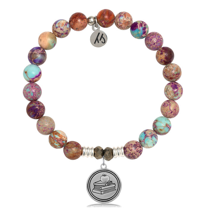 Purple Jasper Stone Bracelet with Teacher Sterling Silver Charm