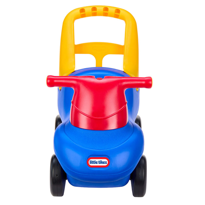 Colorful toy push car with blue base, red handlebar on a white background.