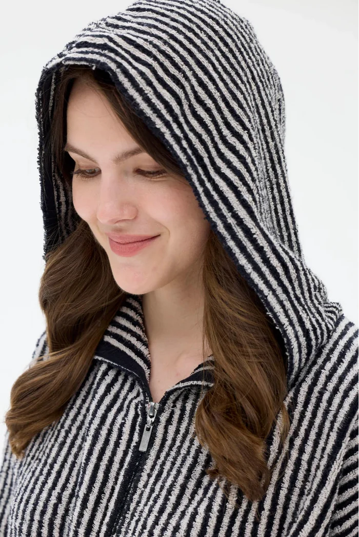 Ratia Hooded Stripe Bathrobe With Zipper Black/Sand