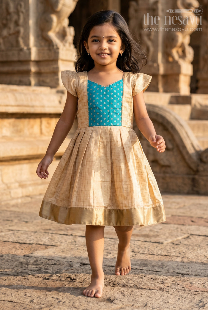 The Nesavu Silk Frock Raw Silk Frock Design for Girls with Gold Silk Cotton and Embellished Teal Yoke for Traditional Appeal Nesavu 18 (2Y) / Cream SF1030A-18 Nesavu Raw Silk Frock Design Girls Teal Embellished Yoke Golden Silk Cotton Finish