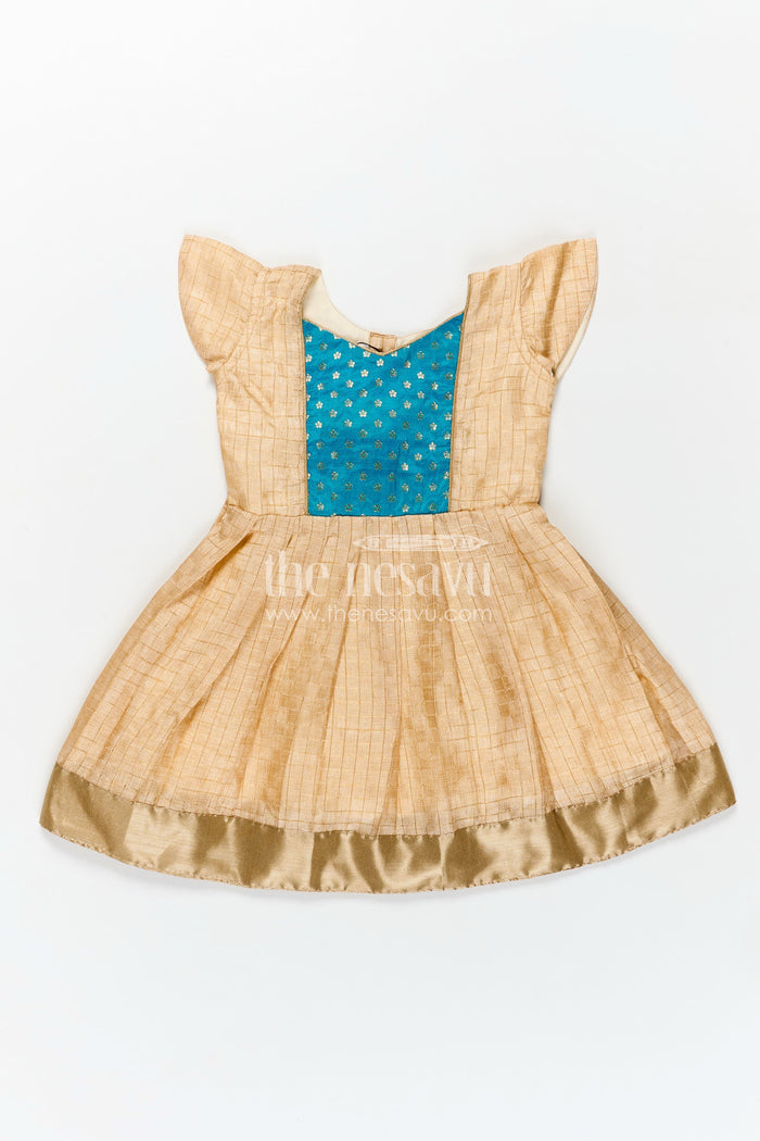 The Nesavu Silk Frock Raw Silk Frock Design for Girls with Gold Silk Cotton and Embellished Teal Yoke for Traditional Appeal Nesavu 18 (2Y) / Cream SF1030A-18 Nesavu Raw Silk Frock Design Girls Teal Embellished Yoke Golden Silk Cotton Finish