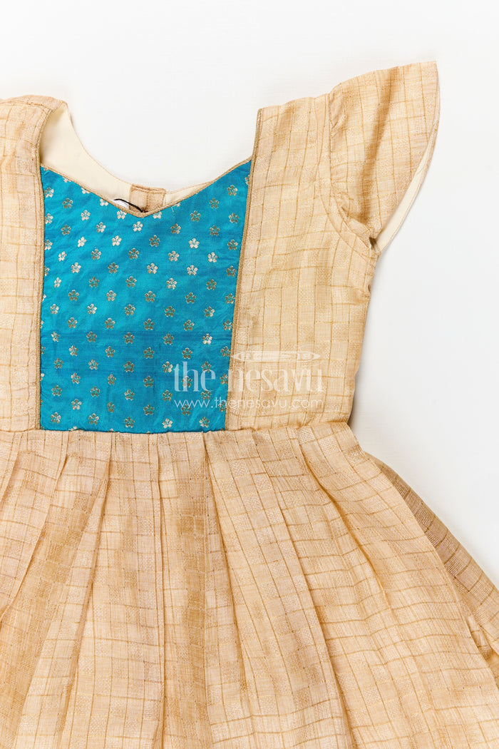 The Nesavu Silk Frock Raw Silk Frock Design for Girls with Gold Silk Cotton and Embellished Teal Yoke for Traditional Appeal Nesavu Nesavu Raw Silk Frock Design Girls Teal Embellished Yoke Golden Silk Cotton Finish