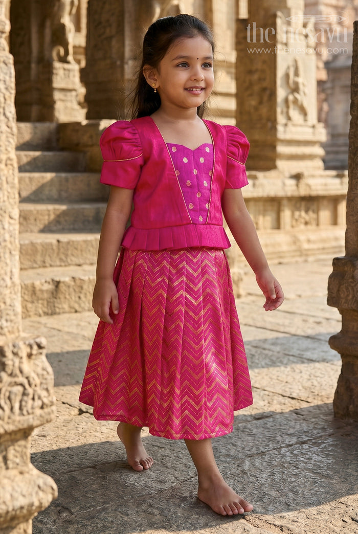 The Nesavu Silk Frock Raw Silk Frock Designs for Girls in Hot Pink with Gold Zari Chevron Skirt and Elegant Yoke Pleating Nesavu 18 (2Y) / Pink SF1029A-18 Nesavu Raw Silk Frock Designs Girls Hot Pink Chevron Zari Skirt Pleated Yoke