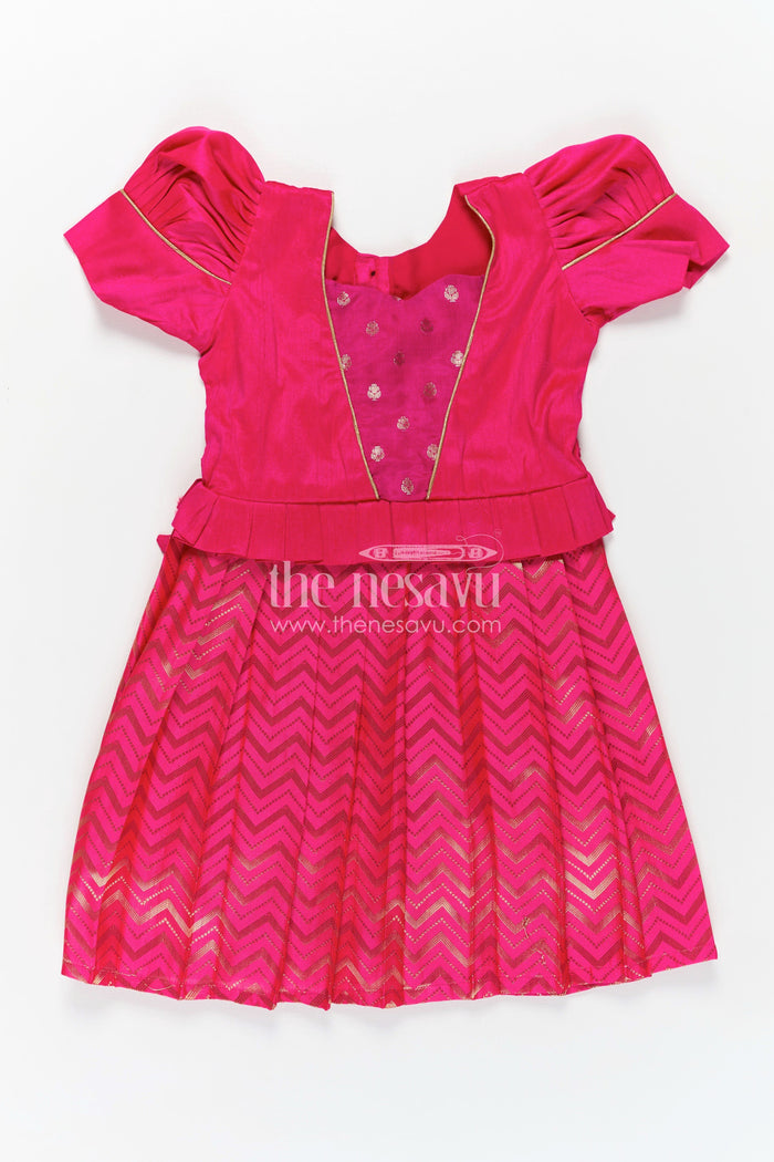 The Nesavu Silk Frock Raw Silk Frock Designs for Girls in Hot Pink with Gold Zari Chevron Skirt and Elegant Yoke Pleating Nesavu Nesavu Raw Silk Frock Designs Girls Hot Pink Chevron Zari Skirt Pleated Yoke