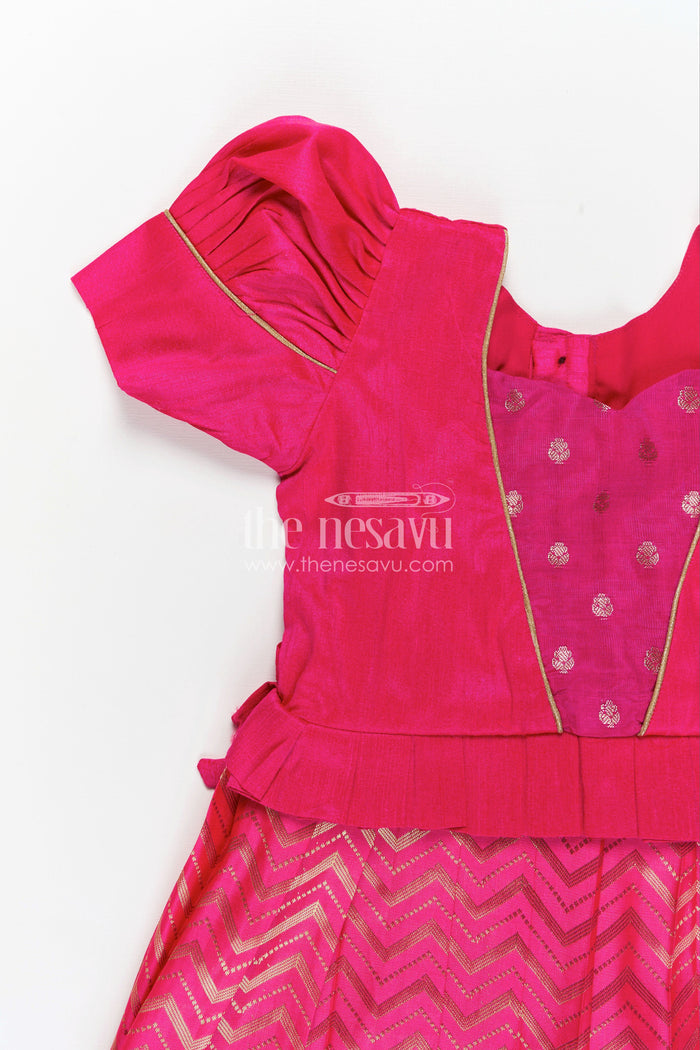 The Nesavu Silk Frock Raw Silk Frock Designs for Girls in Hot Pink with Gold Zari Chevron Skirt and Elegant Yoke Pleating Nesavu Nesavu Raw Silk Frock Designs Girls Hot Pink Chevron Zari Skirt Pleated Yoke