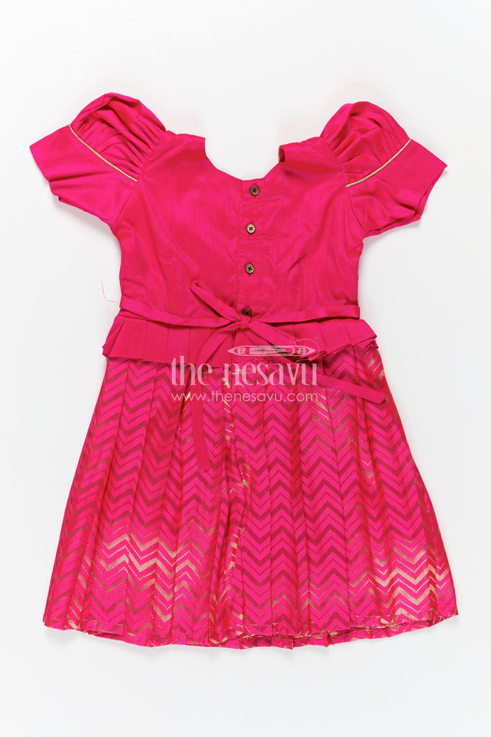 The Nesavu Silk Frock Raw Silk Frock Designs for Girls in Hot Pink with Gold Zari Chevron Skirt and Elegant Yoke Pleating Nesavu Nesavu Raw Silk Frock Designs Girls Hot Pink Chevron Zari Skirt Pleated Yoke