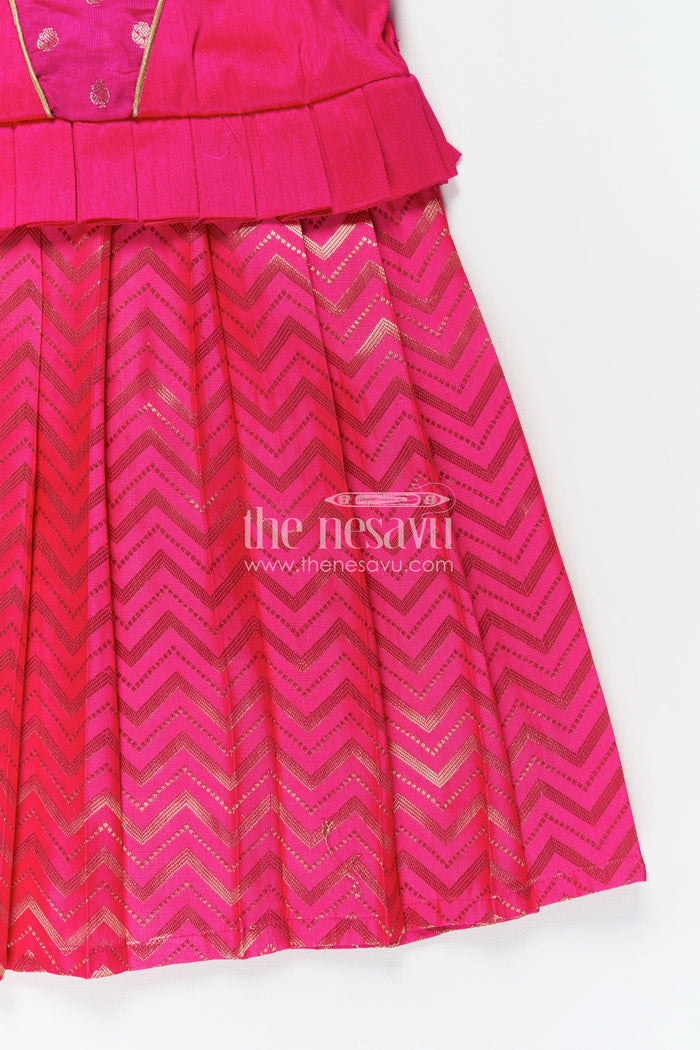The Nesavu Silk Frock Raw Silk Frock Designs for Girls in Hot Pink with Gold Zari Chevron Skirt and Elegant Yoke Pleating Nesavu Nesavu Raw Silk Frock Designs Girls Hot Pink Chevron Zari Skirt Pleated Yoke