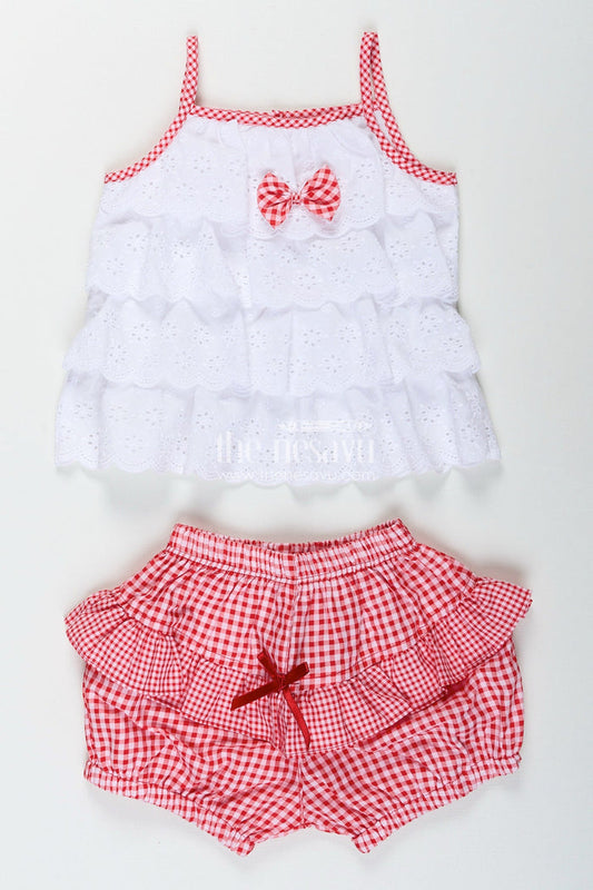 The Nesavu Baby Frocks Red gingham baby frock with hakoba top and ruffle shorts Nesavu 14 (6M) / White BFJ849B-14 Nesavu red checked baby frock with white hakoba top