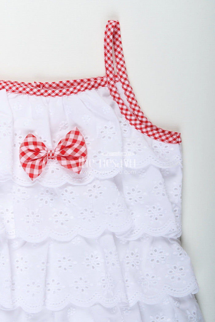 The Nesavu Baby Frocks Red gingham baby frock with hakoba top and ruffle shorts Nesavu Nesavu red checked baby frock with white hakoba top