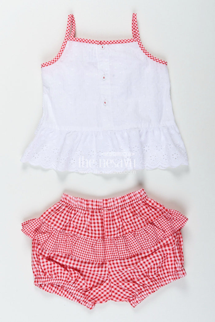 The Nesavu Baby Frocks Red gingham baby frock with hakoba top and ruffle shorts Nesavu Nesavu red checked baby frock with white hakoba top