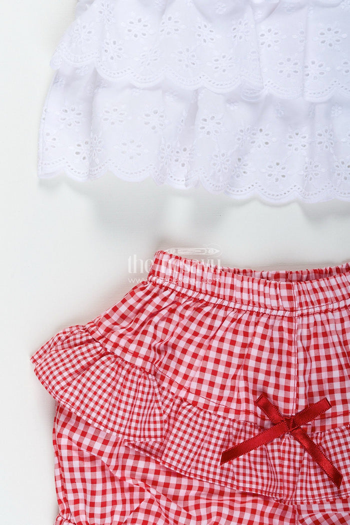 The Nesavu Baby Frocks Red gingham baby frock with hakoba top and ruffle shorts Nesavu Nesavu red checked baby frock with white hakoba top