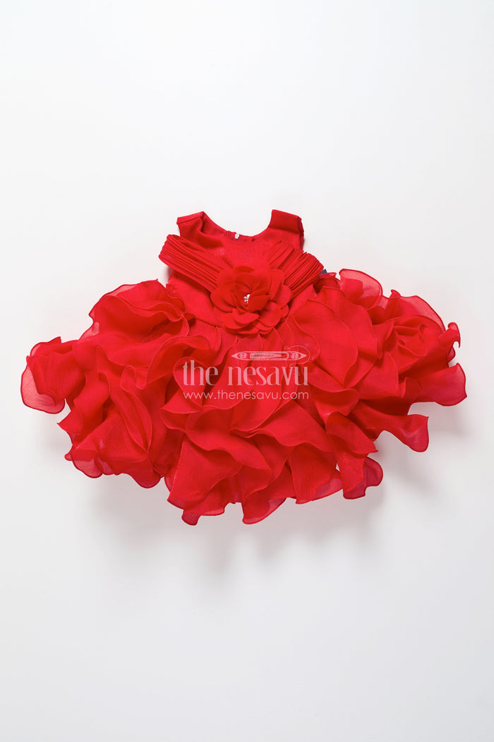 The Nesavu Girls Fancy Party Frock Red Shimmer Georgette Ruffle Frock for Girls Special Occasions Nesavu Nesavu red shimmer ruffle frock girls birthday wedding functions