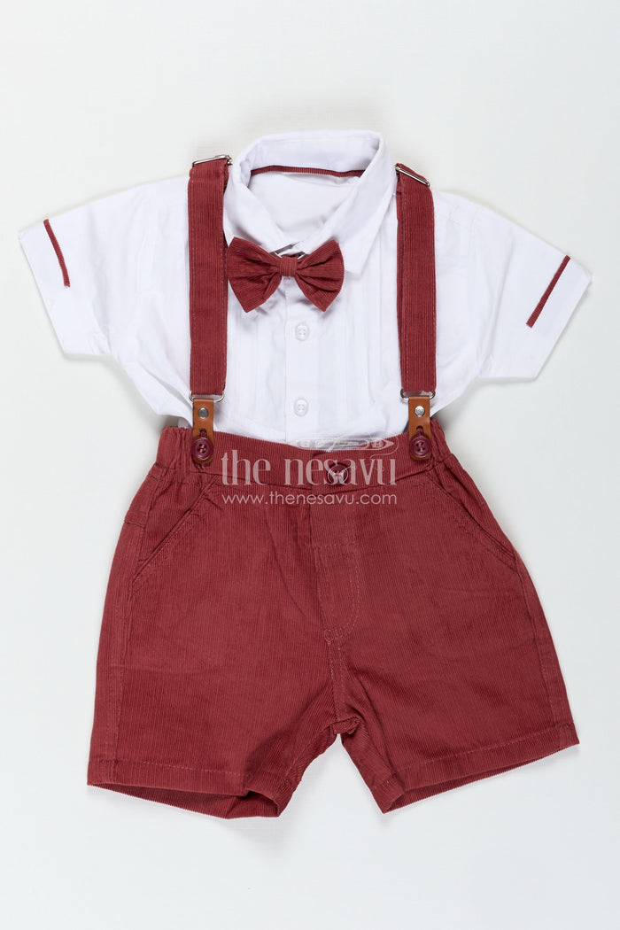 The Nesavu Boys Casual Set Red Shirt and Shorts Set for Boys with Corduroy Bottoms and Cotton Shirt Featuring Pleated Front and Bow Tie Nesavu Nesavu Red Shirt Shorts Set Boys White Cotton Pleated Shirt Corduroy Bottom