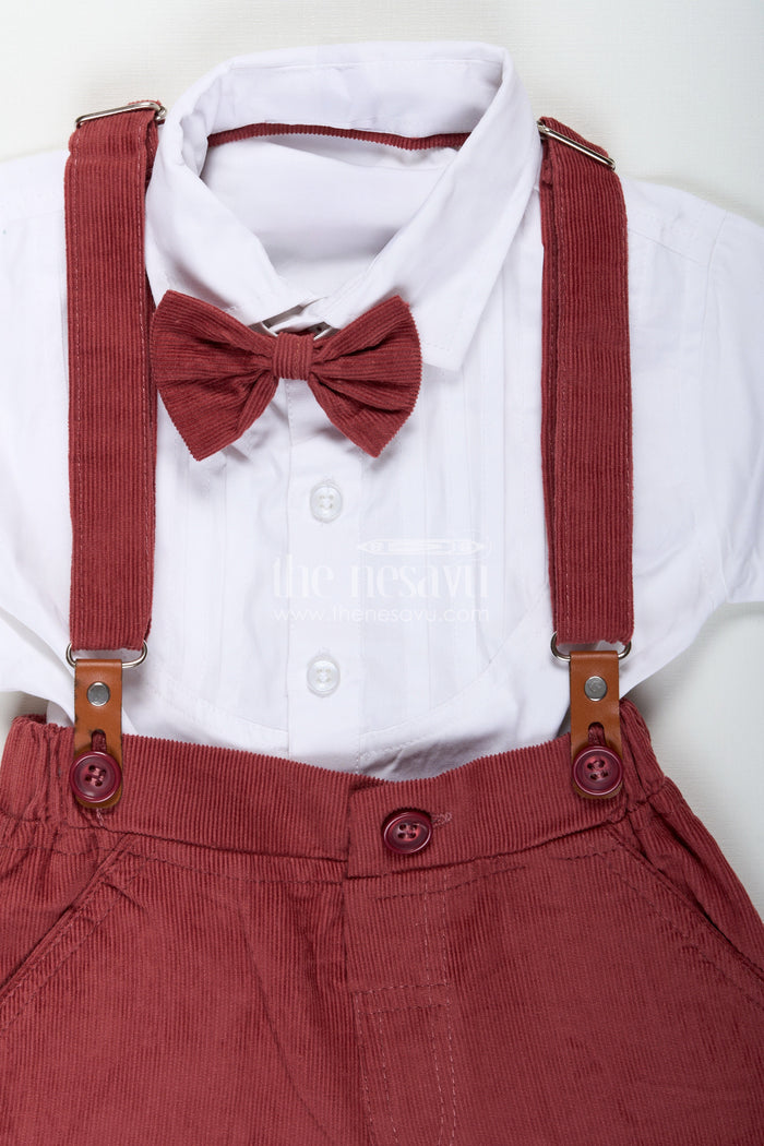 The Nesavu Boys Casual Set Red Shirt and Shorts Set for Boys with Corduroy Bottoms and Cotton Shirt Featuring Pleated Front and Bow Tie Nesavu Nesavu Red Shirt Shorts Set Boys White Cotton Pleated Shirt Corduroy Bottom