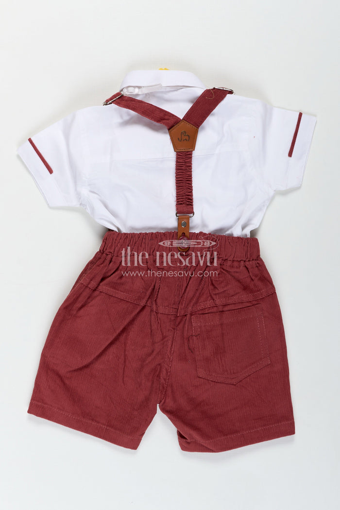 The Nesavu Boys Casual Set Red Shirt and Shorts Set for Boys with Corduroy Bottoms and Cotton Shirt Featuring Pleated Front and Bow Tie Nesavu Nesavu Red Shirt Shorts Set Boys White Cotton Pleated Shirt Corduroy Bottom