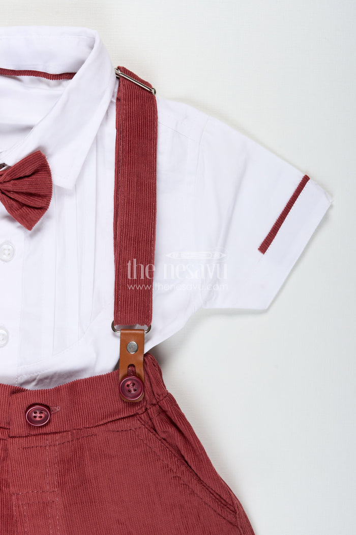 The Nesavu Boys Casual Set Red Shirt and Shorts Set for Boys with Corduroy Bottoms and Cotton Shirt Featuring Pleated Front and Bow Tie Nesavu Nesavu Red Shirt Shorts Set Boys White Cotton Pleated Shirt Corduroy Bottom