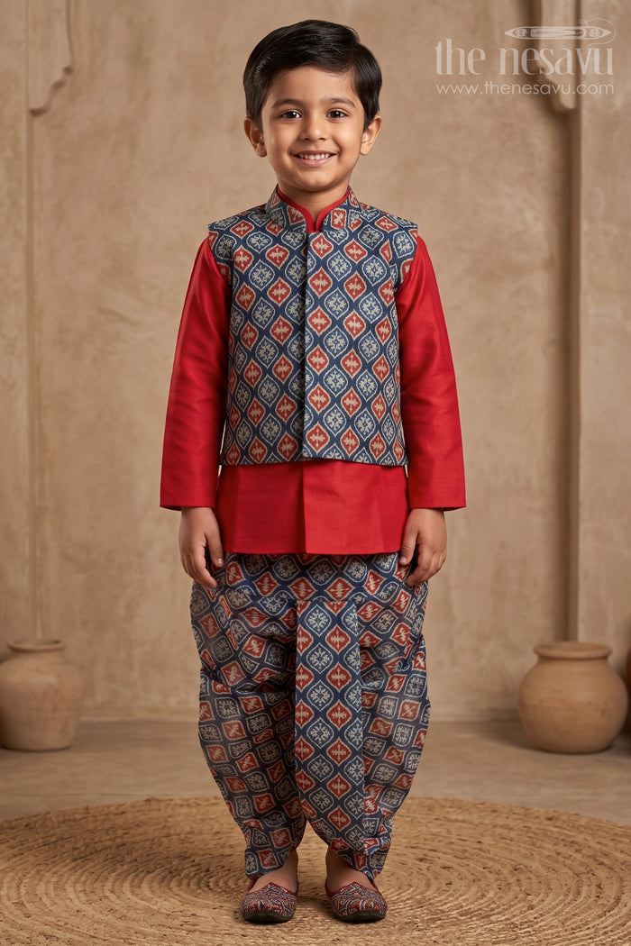 The Nesavu Boys Dothi Set Red Solid Silk Cotton Kurta with Blue Mughal Printed Dhoti and Overcoat for Boys Nesavu 10 (NB) / Blue / Silk Cotton BES354A-10 Premium Party Wear Kurta For Boys | The Nesavu