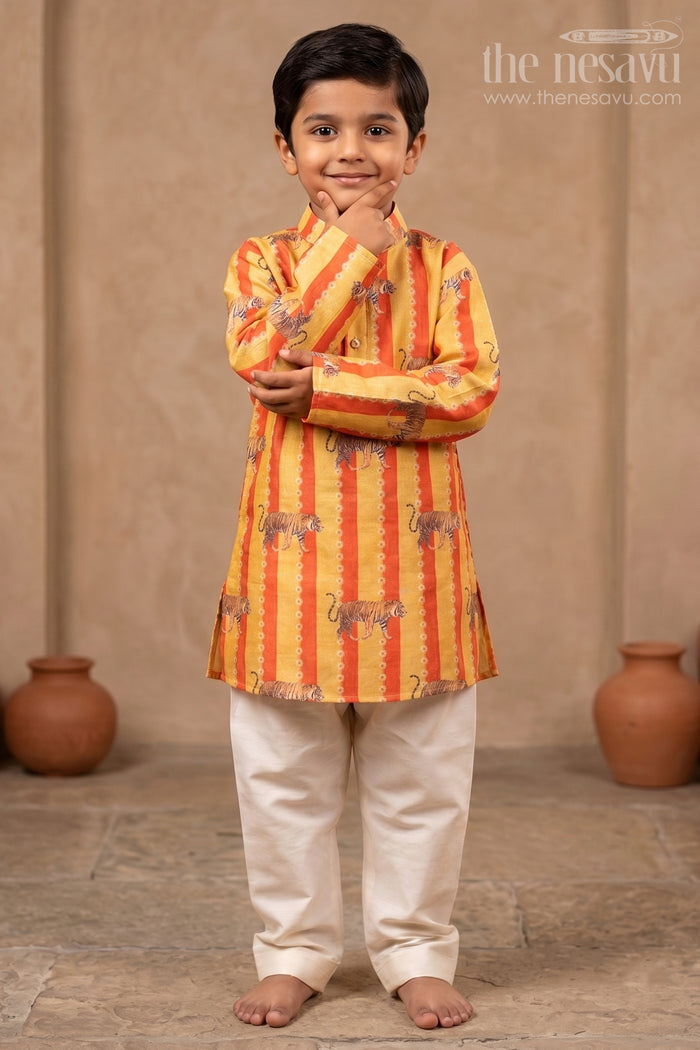 The Nesavu Boys Kurtha Set Red with Yellow Striped Designer Printed Cotton Kurta for Baby Boys Nesavu 14 (6M) / Yellow / Modal BES140-14 Shop Ethnic Kurta For Boys Online | The Nesavu