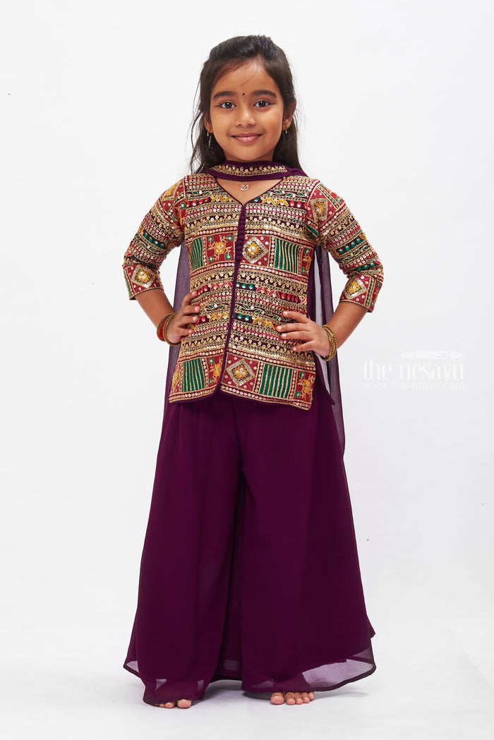The Nesavu Girls Sharara / Plazo Set Regal Purple Blouse and Palazzo Pant Set for Girls Nesavu 16 (1Y) / Purple GPS270A-16 Elegant Purple Ethnic Palazzo Set for Girls | Modern Festive Kids Wear | The Nesavu