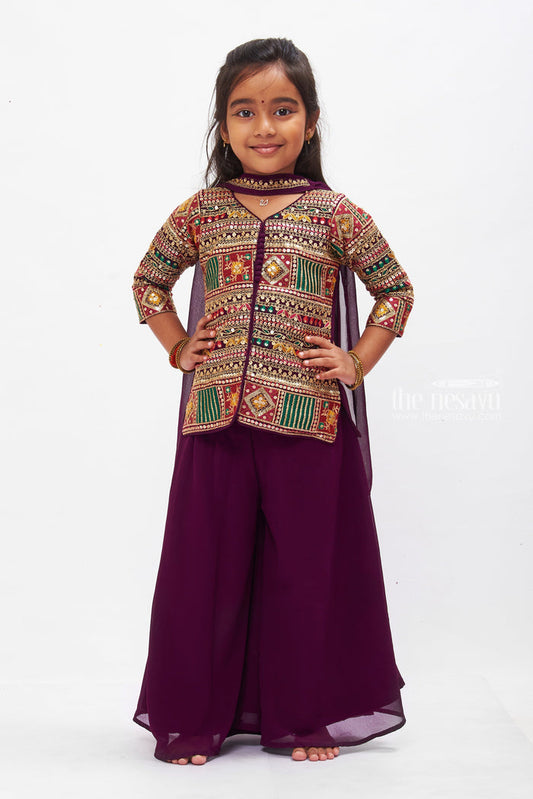 The Nesavu Girls Sharara / Plazo Set Regal Purple Blouse and Palazzo Pant Set for Girls Nesavu 16 (1Y) / Purple GPS270A-16 Elegant Purple Ethnic Palazzo Set for Girls | Modern Festive Kids Wear | The Nesavu
