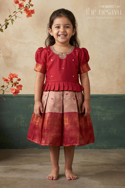 The Nesavu Silk Party Frock Regal Ruby Silk Frock with Embellished Golden Border for Girls Nesavu 16 (1Y) / Red / Blend Silk SF730A-16 Ruby Red Silk Frock for Girls with Golden Embroidery | The Nesavu