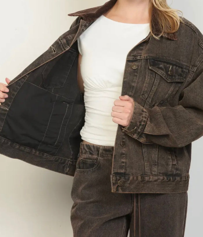 RESTOCK :: Brown/Black Washed Corduroy Collar Jacket