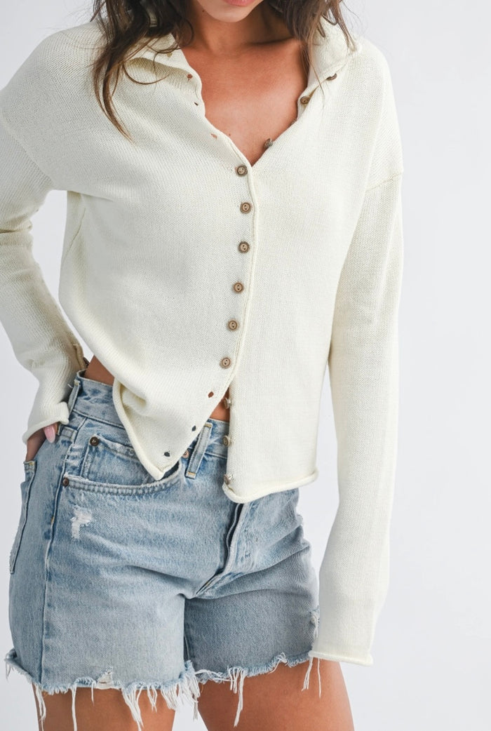 RESTOCK :: Button Front Cropped Knit Cardigan - Cream