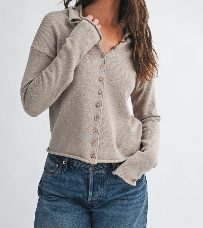 RESTOCK :: Button Front Cropped Knit Cardigan - Wheat