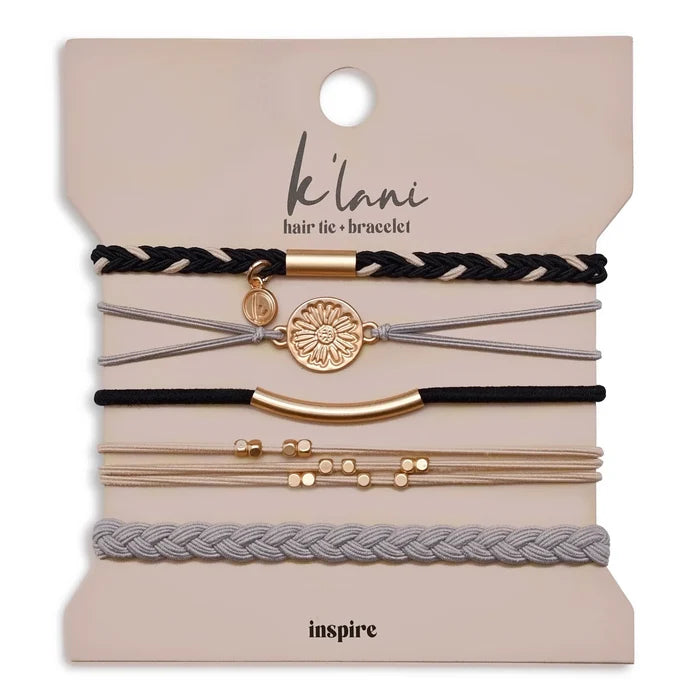 RESTOCK :: "Inspire" Grey & Black with Gold Flower Accent Hair Tie Bracelets