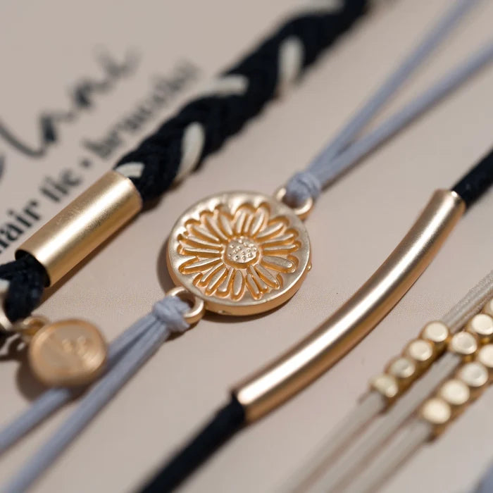 RESTOCK :: "Inspire" Grey & Black with Gold Flower Accent Hair Tie Bracelets