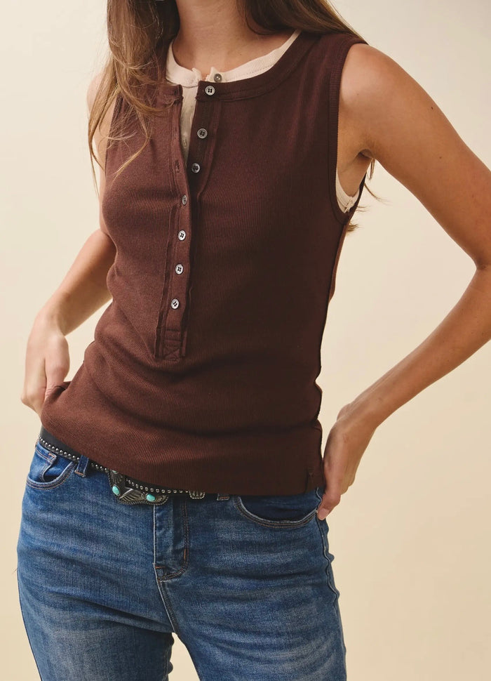 Ribbed Henley Tank Top - Chocolate