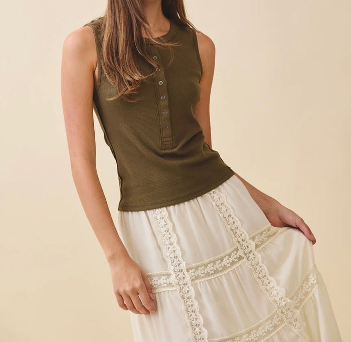 Ribbed Henley Tank Top - Olive
