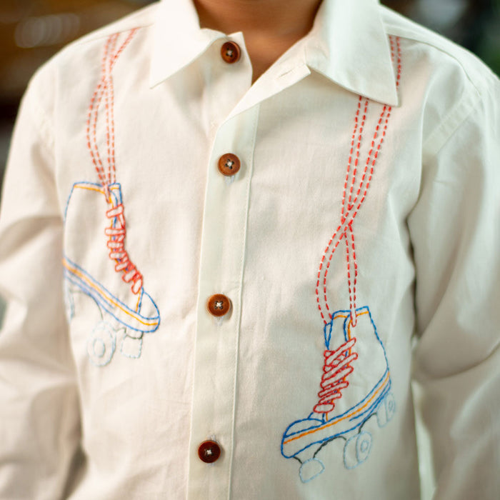 Roller Skates Embroidered Organic Cotton Shirt - White (1-14 Years)