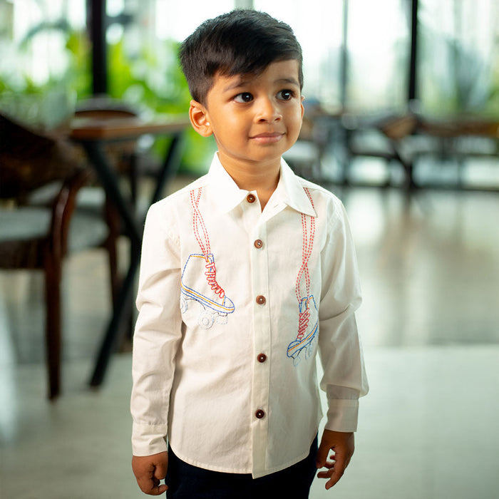 Roller Skates Embroidered Organic Cotton Shirt - White (1-14 Years)