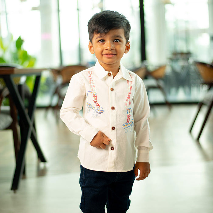 Roller Skates Embroidered Organic Cotton Shirt - White (1-14 Years)