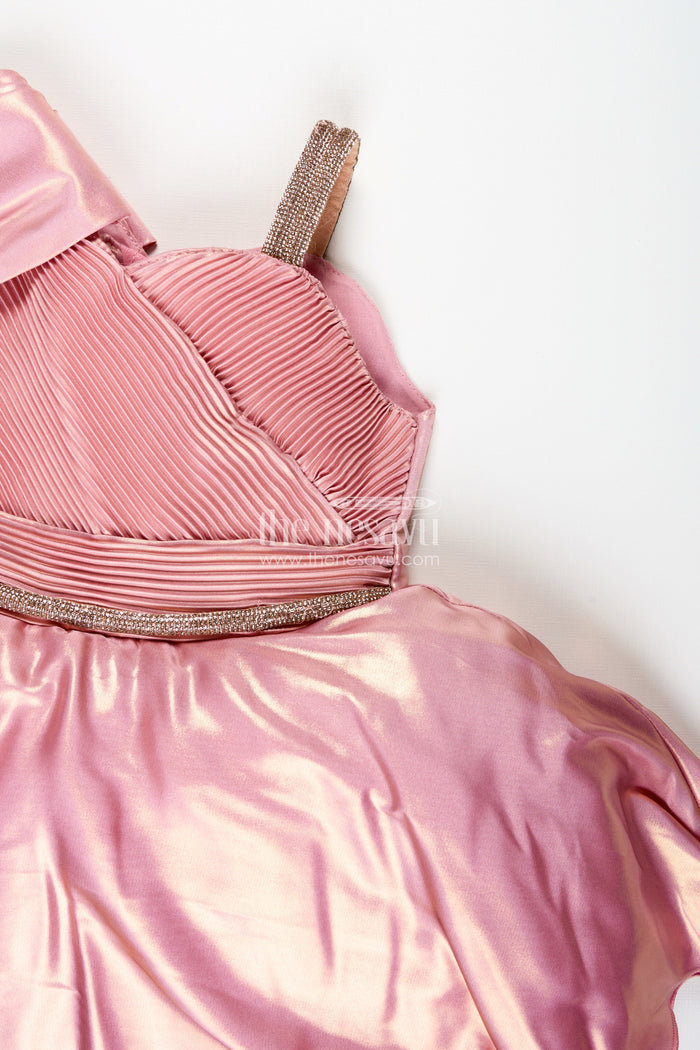 The Nesavu Girls Fancy Party Frock Rose Gold Party Frock For Girls Organza Dress With One-Shoulder Drape Nesavu Nesavu Rose Gold Party Frock Girls Organza Dress One-Shoulder Drape Shimmer Details