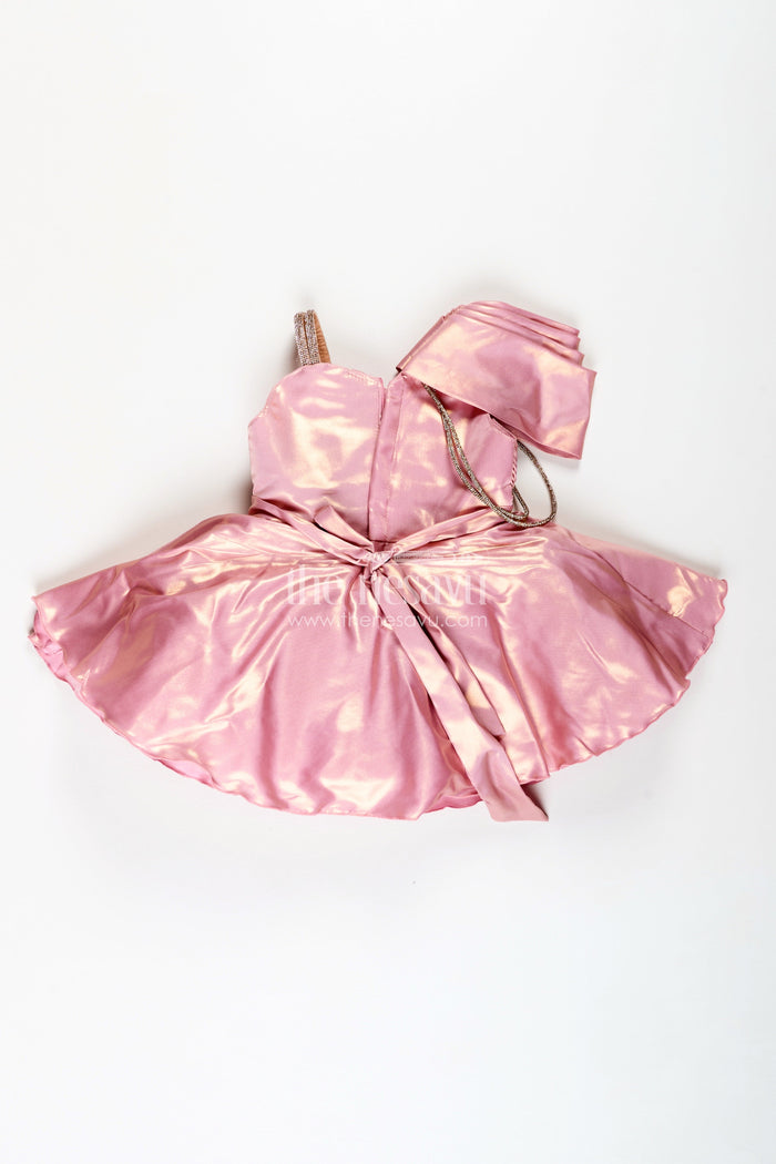 The Nesavu Girls Fancy Party Frock Rose Gold Party Frock For Girls Organza Dress With One-Shoulder Drape Nesavu Nesavu Rose Gold Party Frock Girls Organza Dress One-Shoulder Drape Shimmer Details