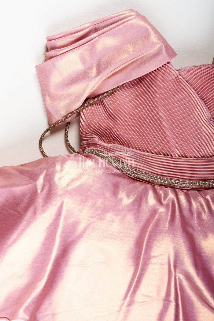 The Nesavu Girls Fancy Party Frock Rose Gold Party Frock For Girls Organza Dress With One-Shoulder Drape Nesavu Nesavu Rose Gold Party Frock Girls Organza Dress One-Shoulder Drape Shimmer Details