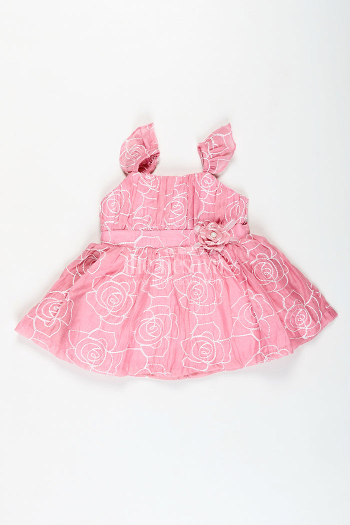 The Nesavu Baby Cotton Frocks Rose Pink Baby Girl Cotton Frock with Embroidery & Floral Details Nesavu 14 (6M) / Pink BFJ786B-14 Nesavu Embroidered Cotton Frock Baby Girls Rose Pink Party Dress Floral Detailing