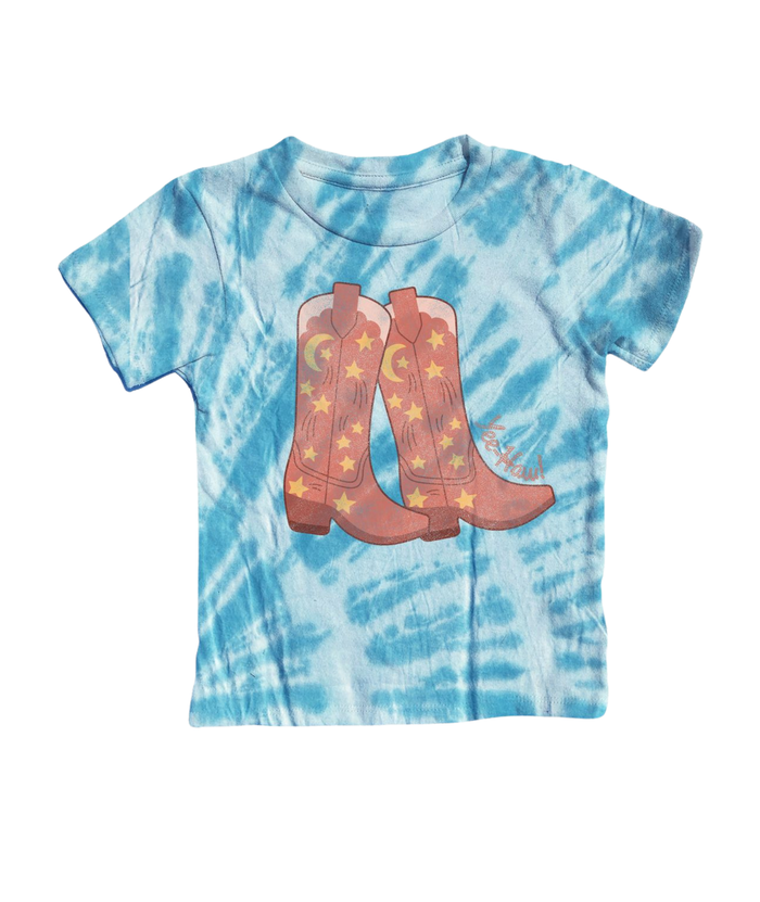 Rowdy Sprout Girls Blue Tie Dye Cowboy Boots Tee Distressed/seasonal girls Rowdy Sprout Tie Dye Y/4