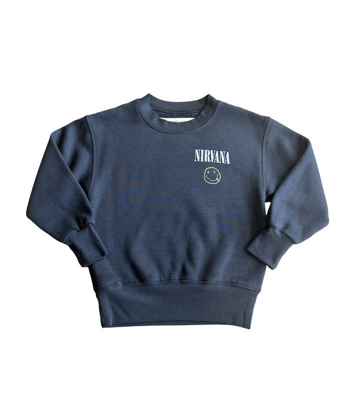 Rowdy Sprout Girls Nirvana Smiley Crew Sweatshirt Washed Black Distressed/seasonal girls Rowdy Sprout Black Y/XS (6X)