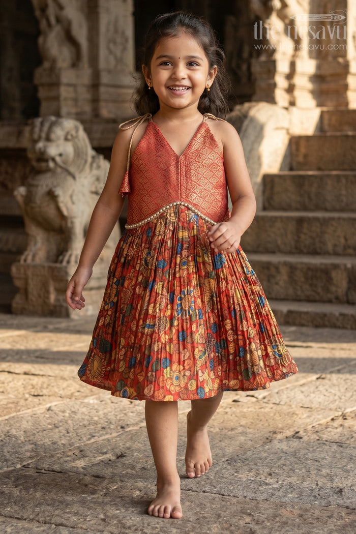 The Nesavu Tie-up Frock Rust Orange and Multicolor Ethnic Dress for Girls Nesavu 14 (6M) / Red T374B-14 Orange and Maroon Pleated Chinon Designer Baby Frock with Tie-Up Straps - Stylish & Luxurious | The Nesavu