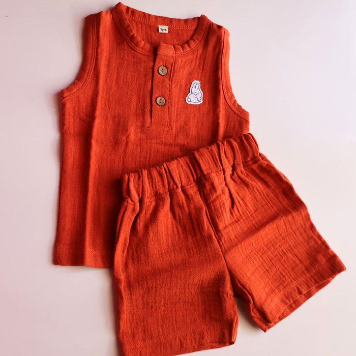 Rust Organic Muslin Cotton Sleeveless Tshirt and Shorts (6 Months – 4 Years)