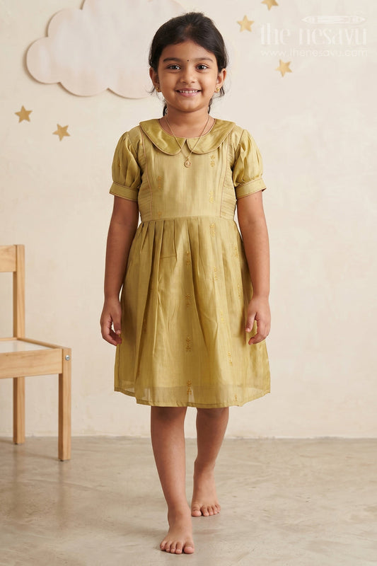 The Nesavu Girls Cotton Frock Sage Splendor Puff Sleeve Dress: Girls' Festive Frock with Golden Accents Nesavu 16 (1Y) / Green / Chanderi GFC1206A-16 Elegant Sage Green Girls Dress with Gold Motifs | The Nesavu
