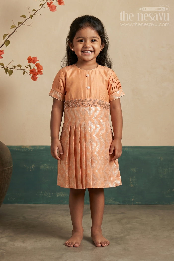 The Nesavu Silk Frock Salmon Colored Zari Embroidered Silk Frock with Pleated Sleeves Nesavu 16 (1Y) / Peach / Chanderi SF717B-16 Vintage Designer Silk Frock for Children | The Nesavu