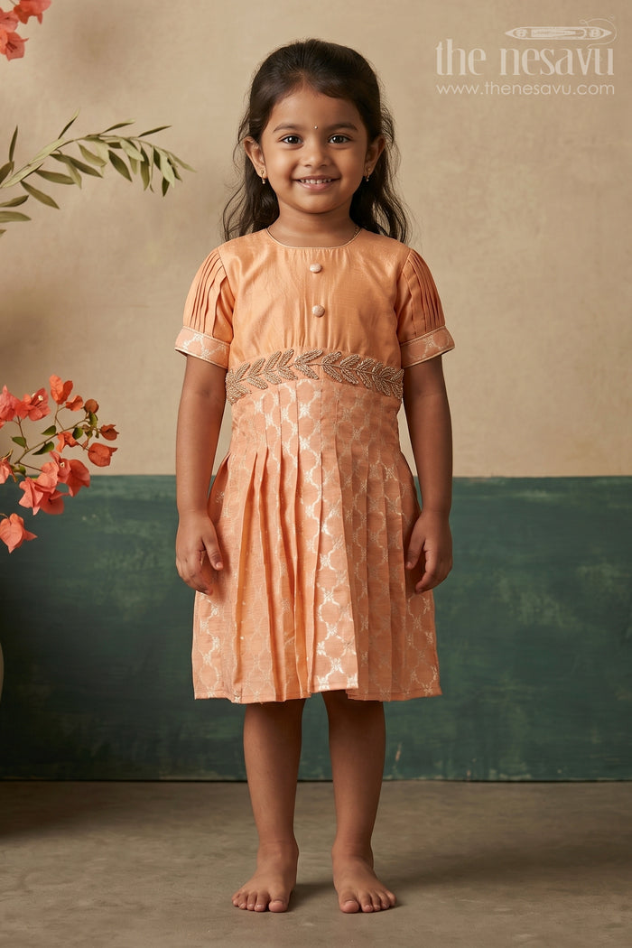 The Nesavu Silk Frock Salmon Traditional Silk Frock with Stone & Beads Embellishmentfestive Elegance Collection Nesavu 18 (2Y) / Peach / Chanderi SF716C-18 Traditional Silk Frock with Stone & Beads Embellishment | The Nesavu